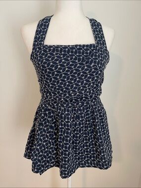 Anthropologie Maeve Navy White Geo Halter Peplum Top 6 Small Cotton embroidered